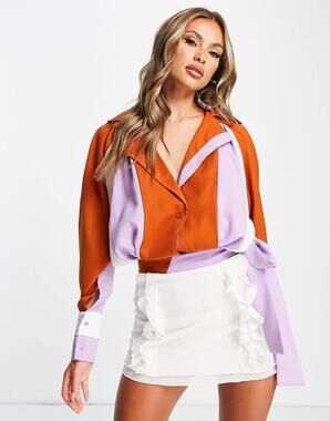 Amy Lynn Stripe Side Tie Shirt Purple White Brown Size Large